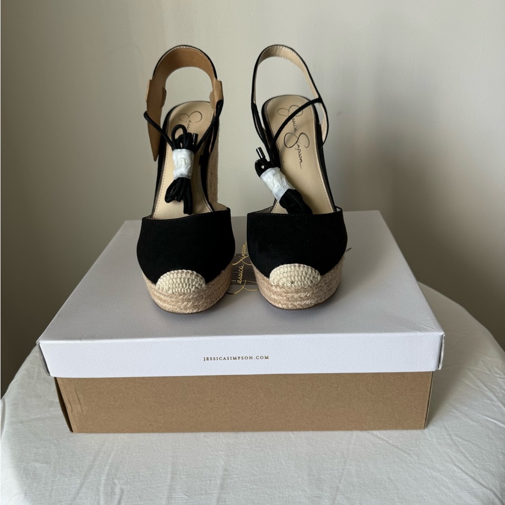Jessica Simpson Black and Cream Espadrille Wedge Sandals